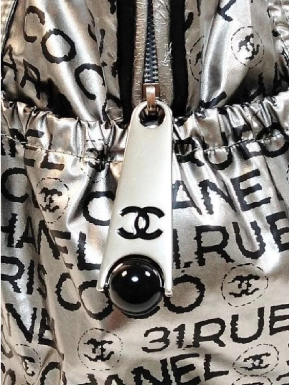 CHANEL Rue Cambon Metallic Nylon Tote Silver Black Logo Shoulder Bag - Picture 4 of 11